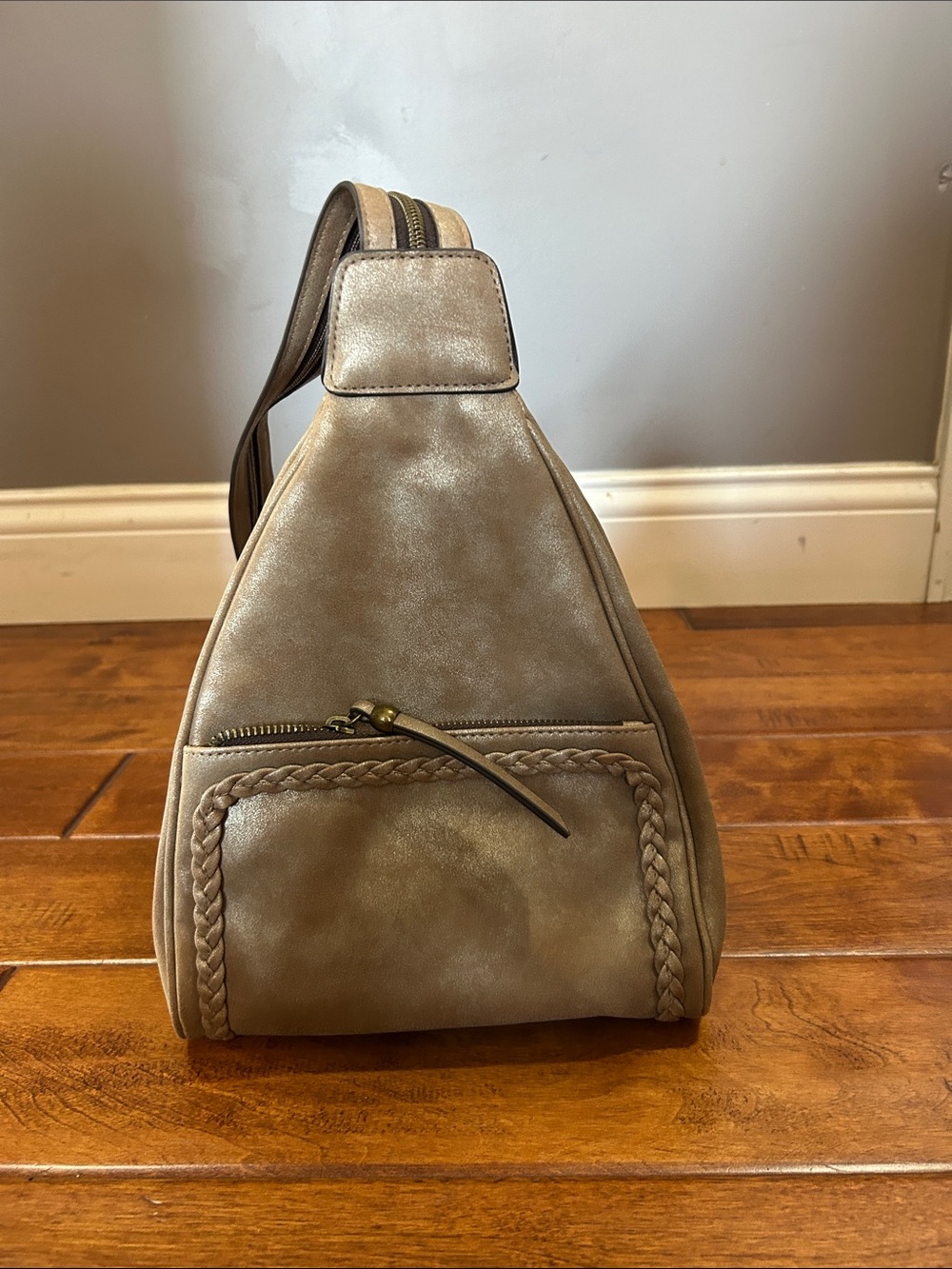 Neutral Taupe Crossbody Sling Bag with Braided Trim